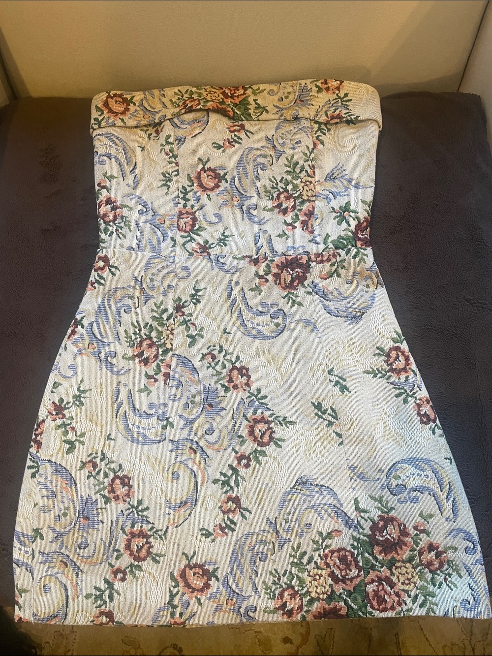 Edikted Floral Tapestry Lace-Up Back Strapless Mini Dress Sz S